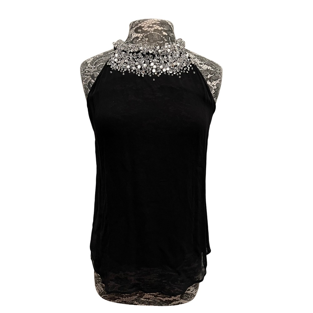 Black Beaded Rhinestone Top S Sleeveless Evening Wedding Cocktail Old Money Glam